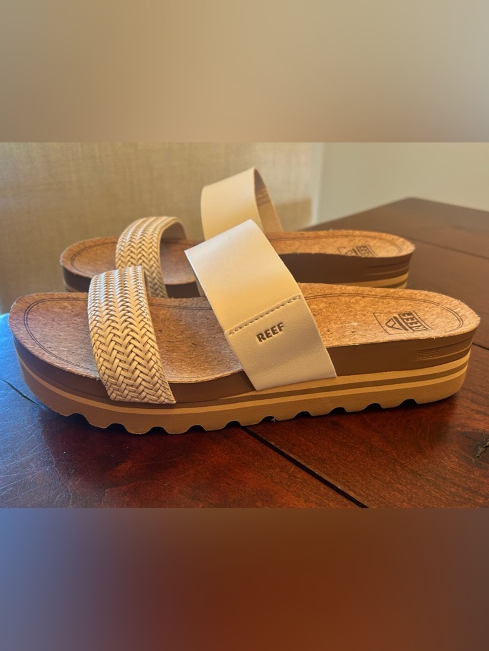 Reef Platform Slide Sandals – Women’s Size 10 – Cream/Natural Cork Wedge